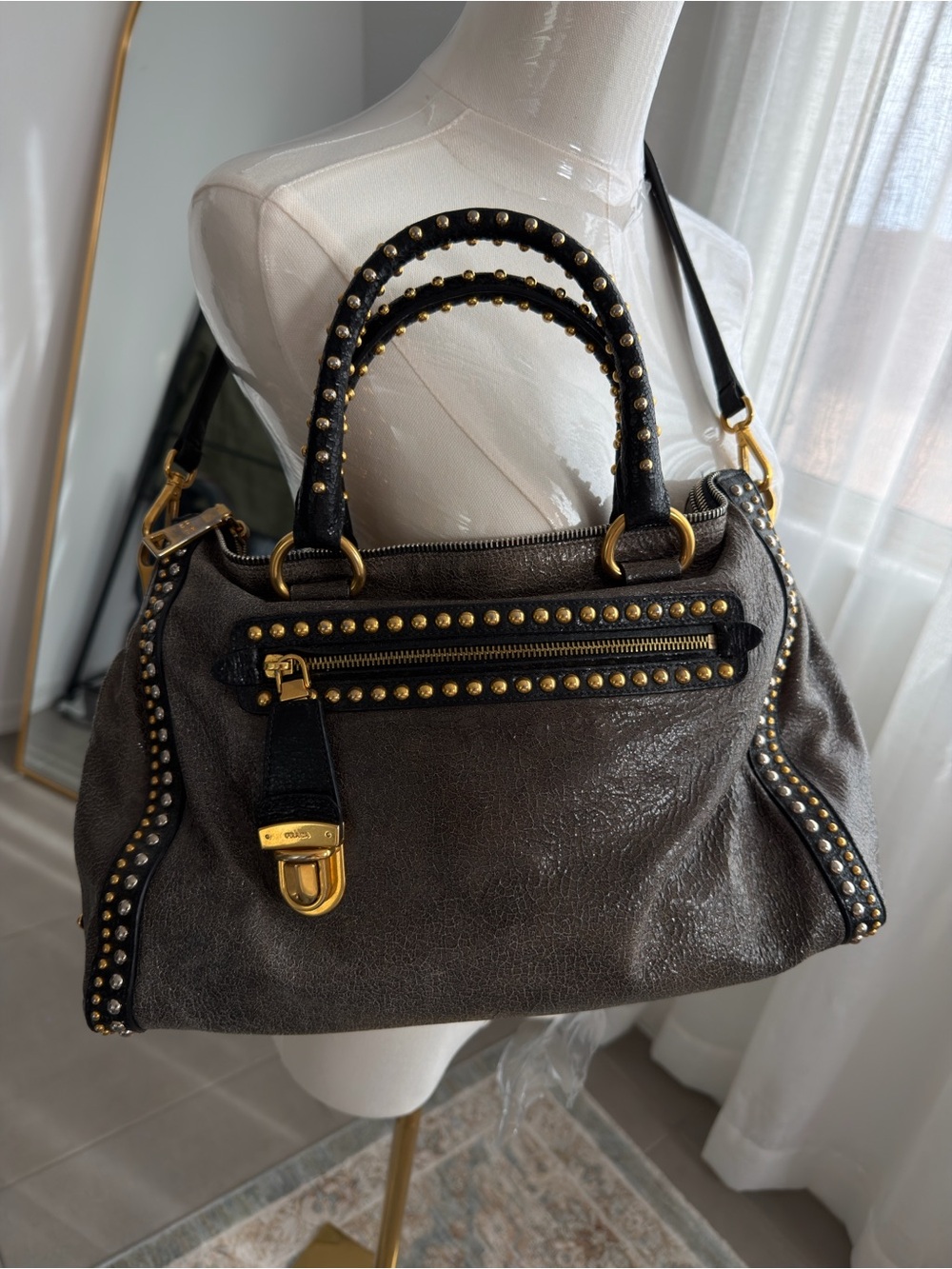 Prada Studded Accent Pebbled Leather Satchel - Brown, crinkled metallic leather